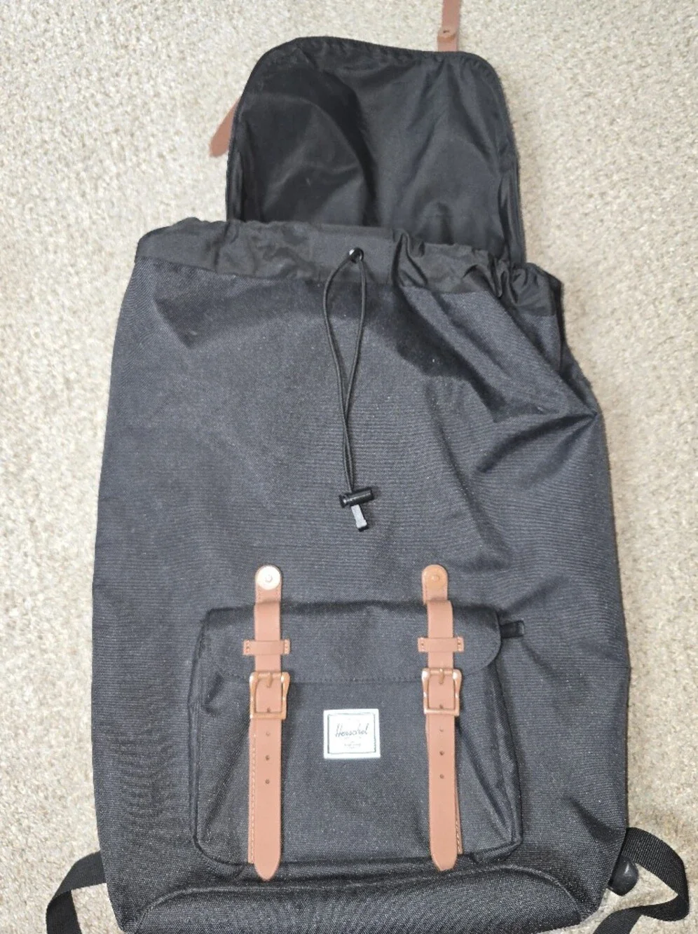 Rare Herschel Supply Company Little America Black Backpack with Brown Straps